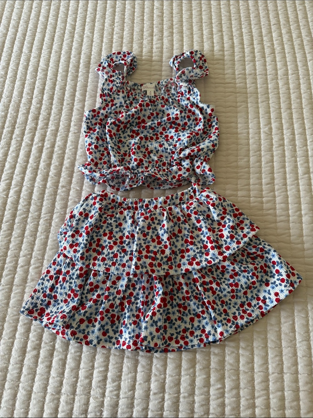 Girls Red & Blue Floral Tiered Skirt Set